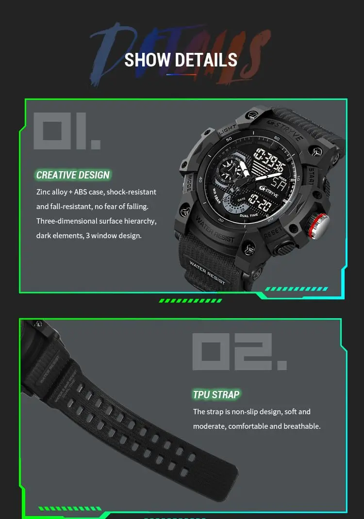 Gosasa Men's Multi-Function Military Sports Watch 50mm (1.96") | Dual Time Analog-Digital LED - view 10