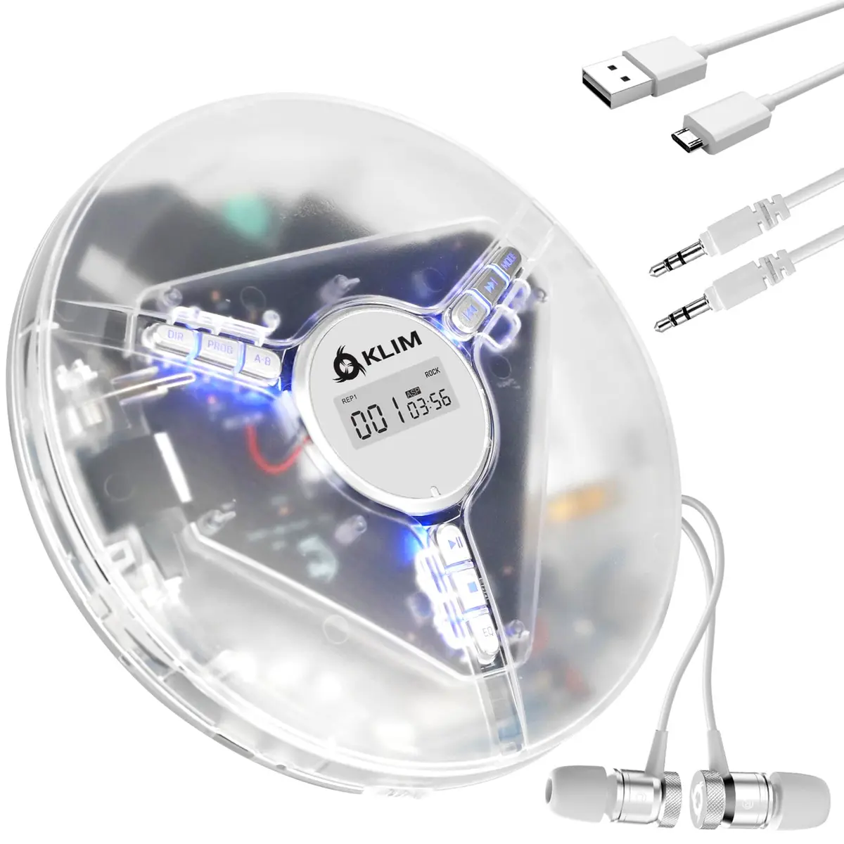 KLIM Discman Portable CD Player with Headphones, Built-in Battery, Clear White | Anti-Skip Protection, 5 EQ Effects, USB-C Rechargeable - main product image