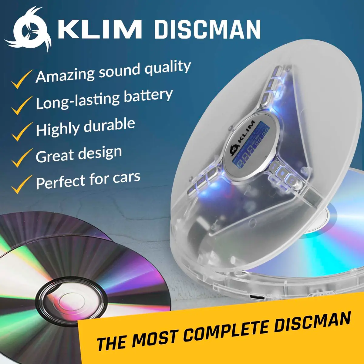 KLIM Discman Portable CD Player with Headphones, Built-in Battery, Clear White | Anti-Skip Protection, 5 EQ Effects, USB-C Rechargeable - view 2