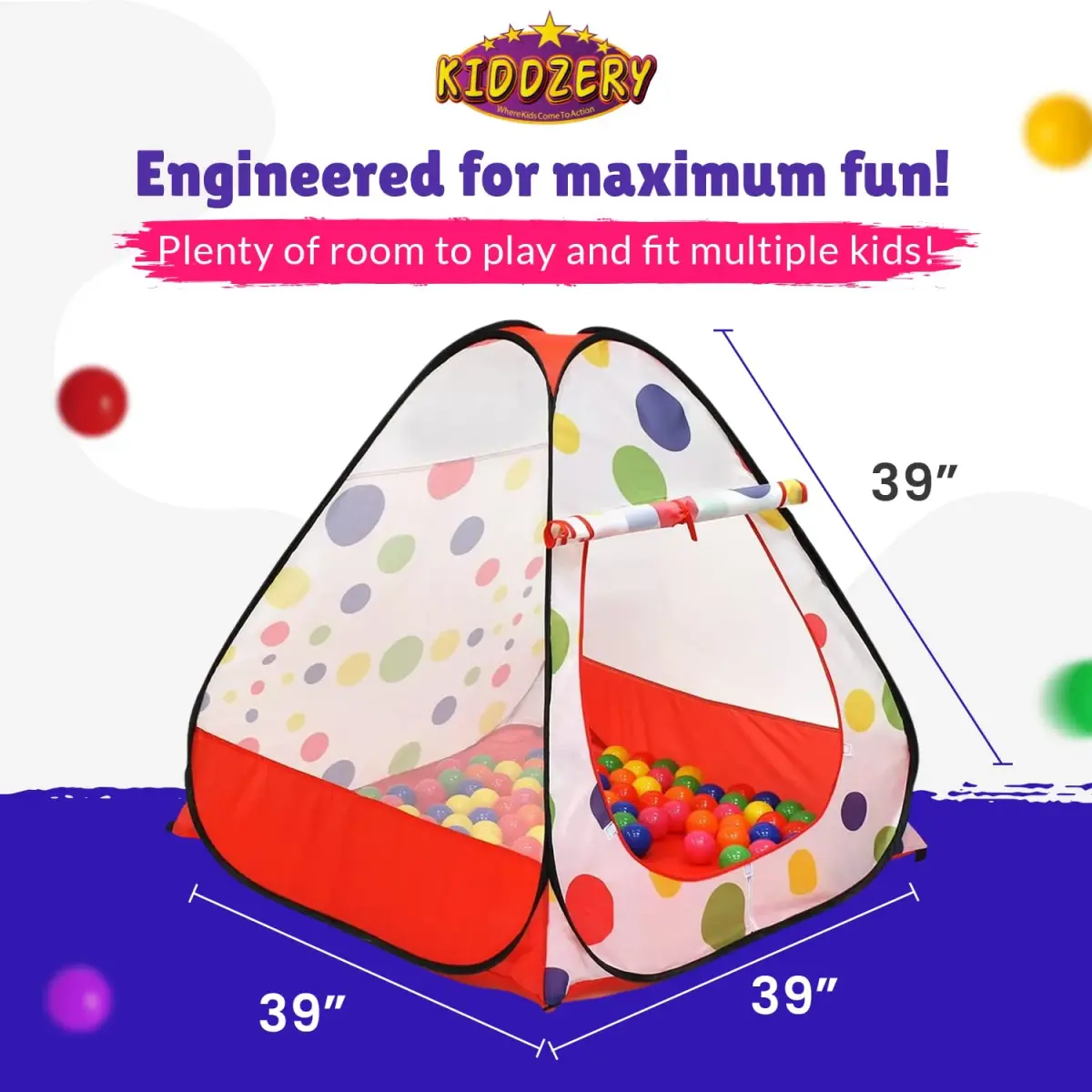 Kiddey Pop Up Ball Pit Play Tent with 50 Balls | 142cm x 127cm x 76cm | Safe Indoor Outdoor Fun - view 3