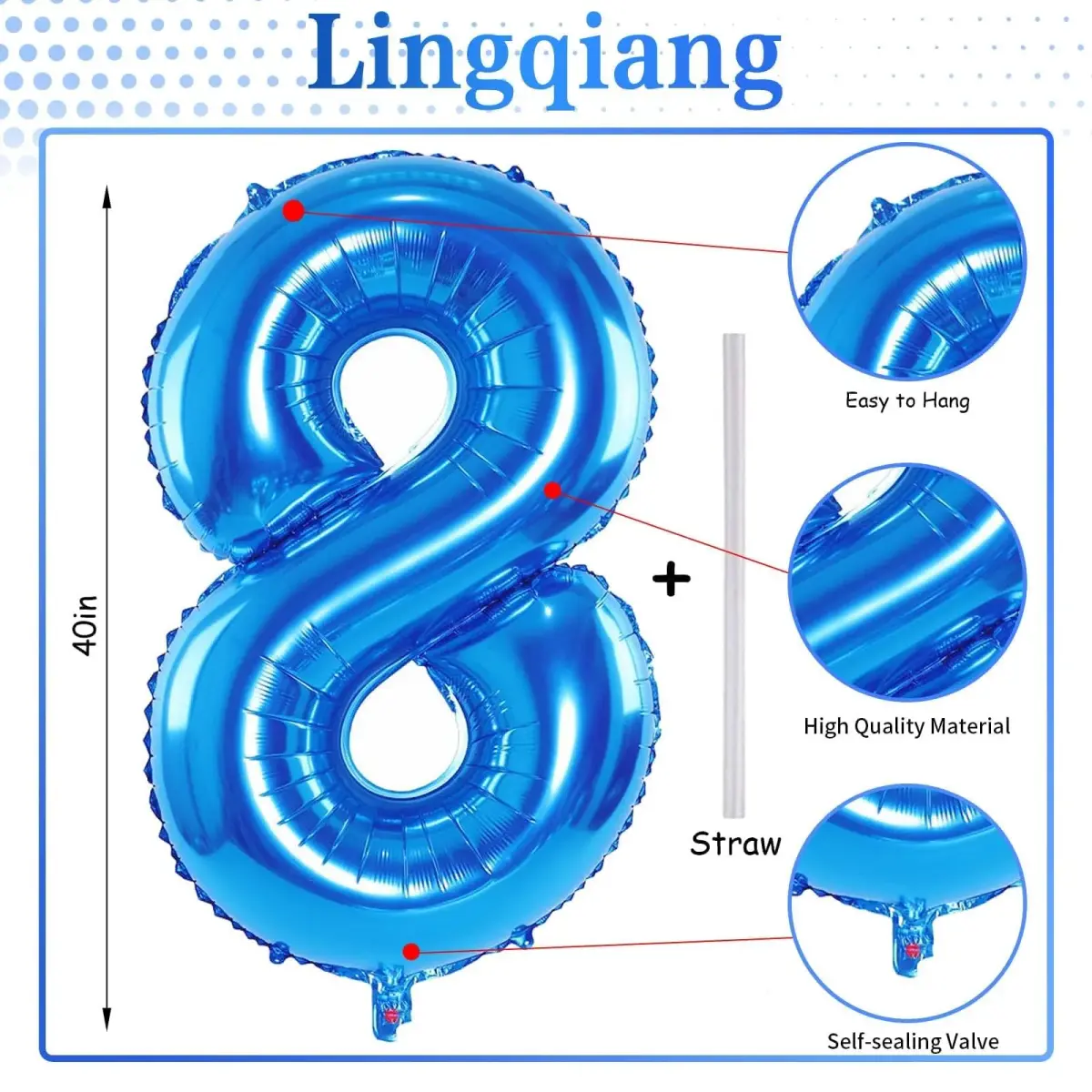 Lingqiang Blue Number 8 Foil Balloon 40 inch | Giant Self-Inflating Helium Balloon for Parties - view 2