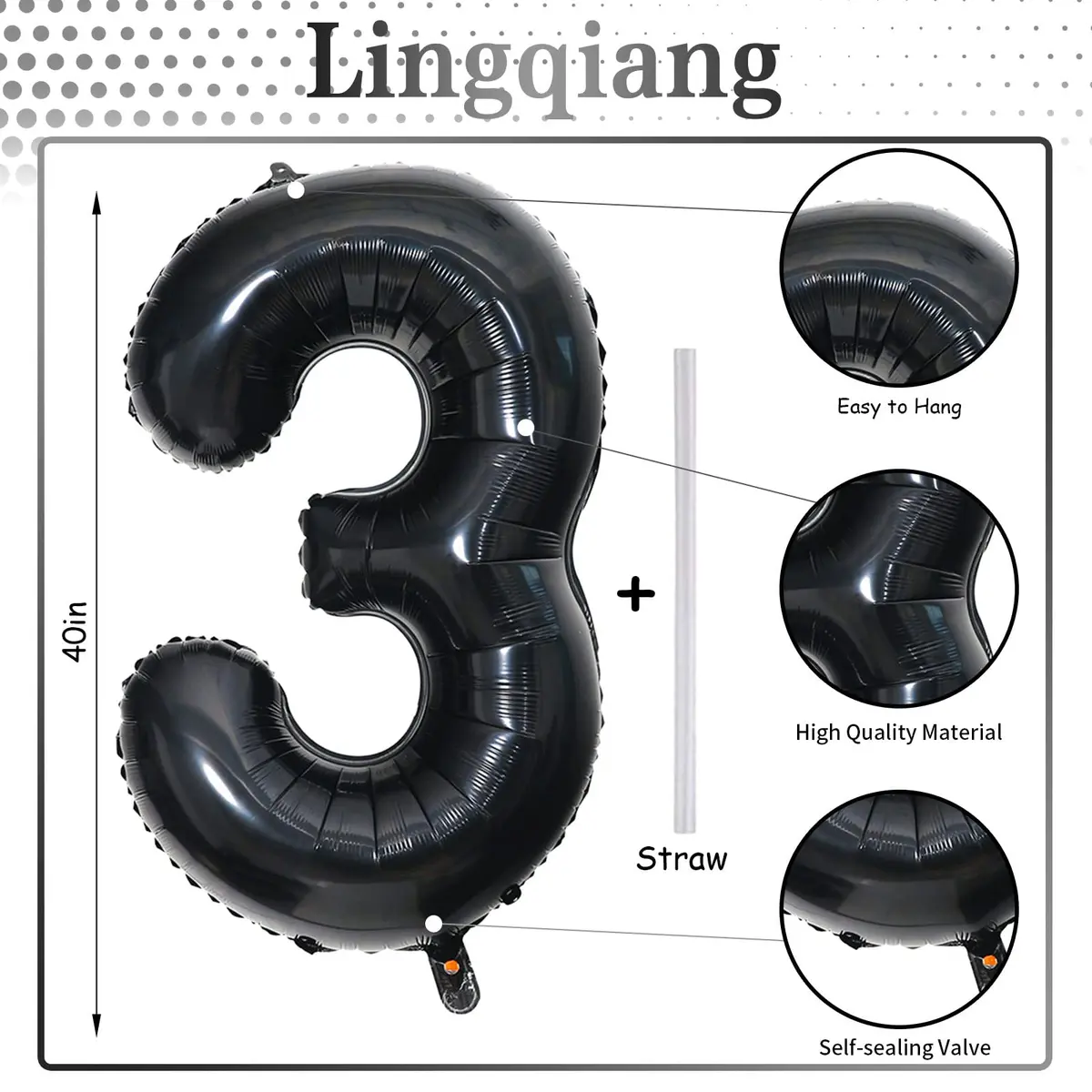 Lingqiang Black Number 3 Balloon 40 inch | Reusable Foil Party Decoration - view 2