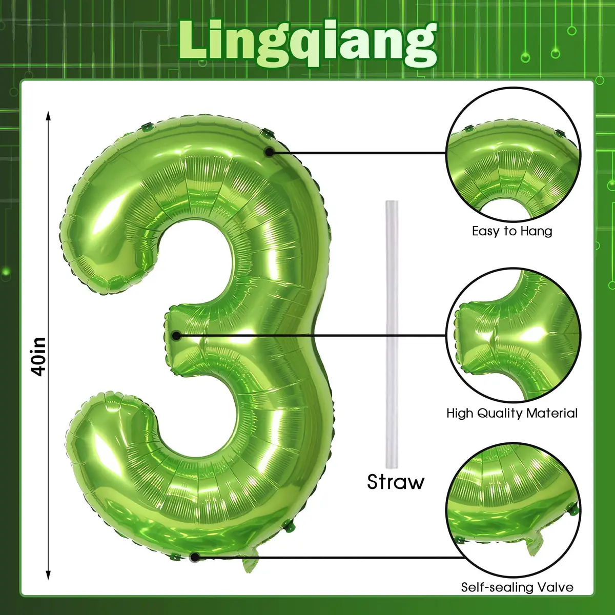Lingqiang Green Number 3 Balloon 40 Inch | Reusable Foil Mylar Party Decoration - view 2