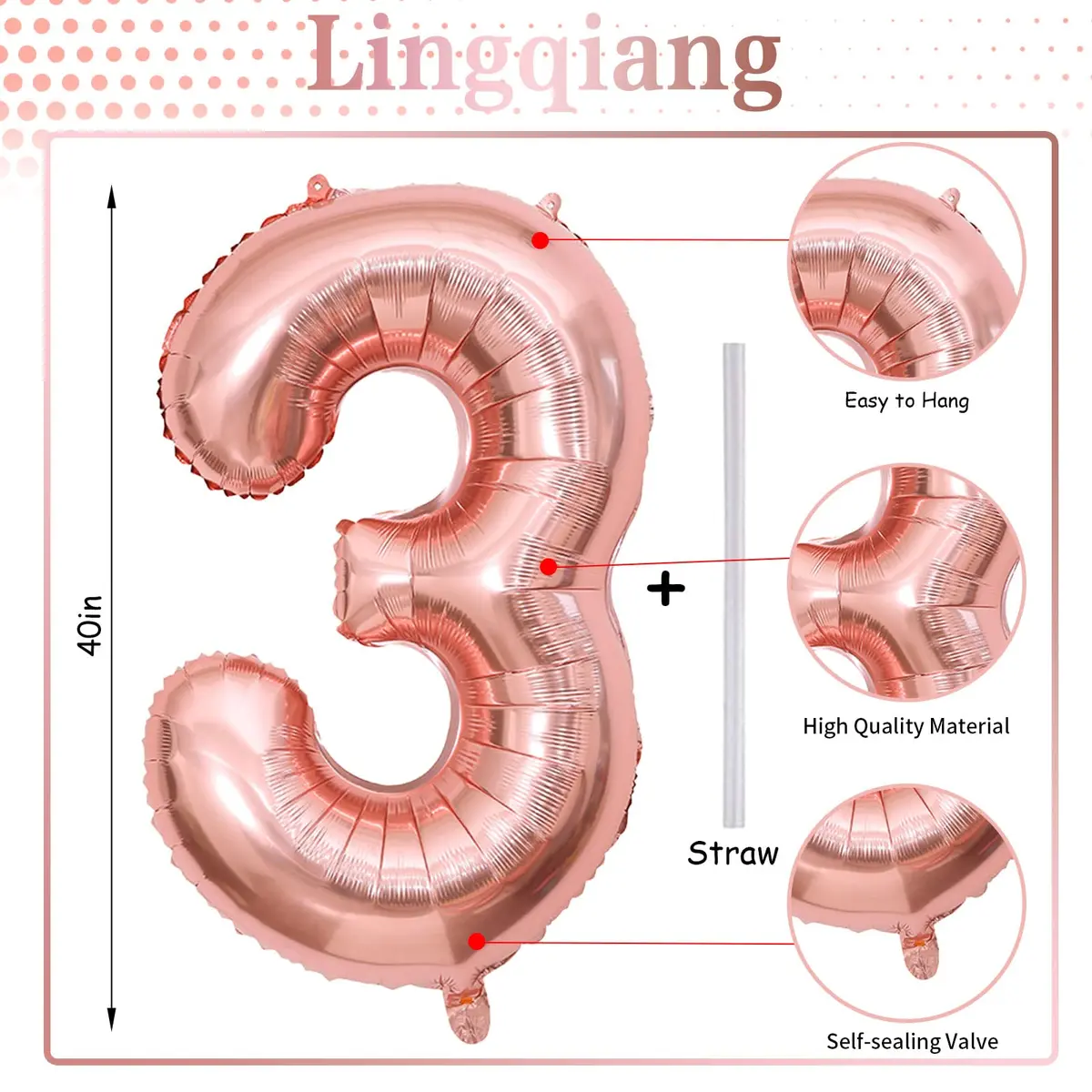 Lingqiang Rose Gold Number 3 Balloon | 40 Inch Large Foil Helium Balloon for Girls & Women Birthday Party Decorations - view 2