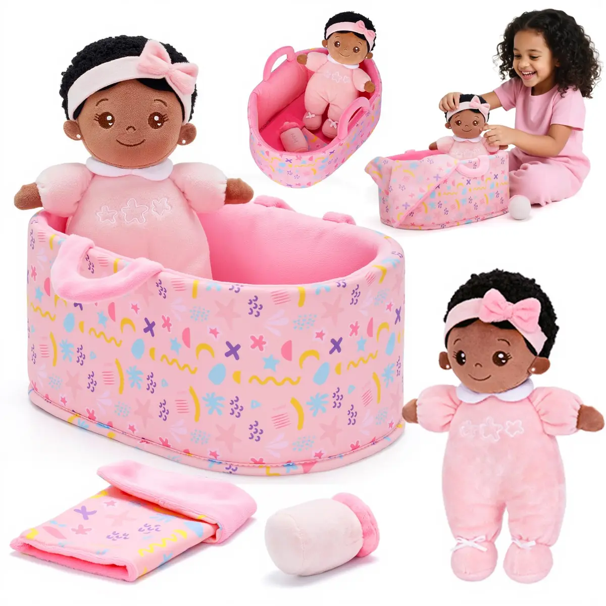 OUOZZZ Black Baby Doll with Bassinet, Blanket & Bottle Set 25cm (10 inch) | Educational Pretend Play Toy for Kids 3+ - main product image