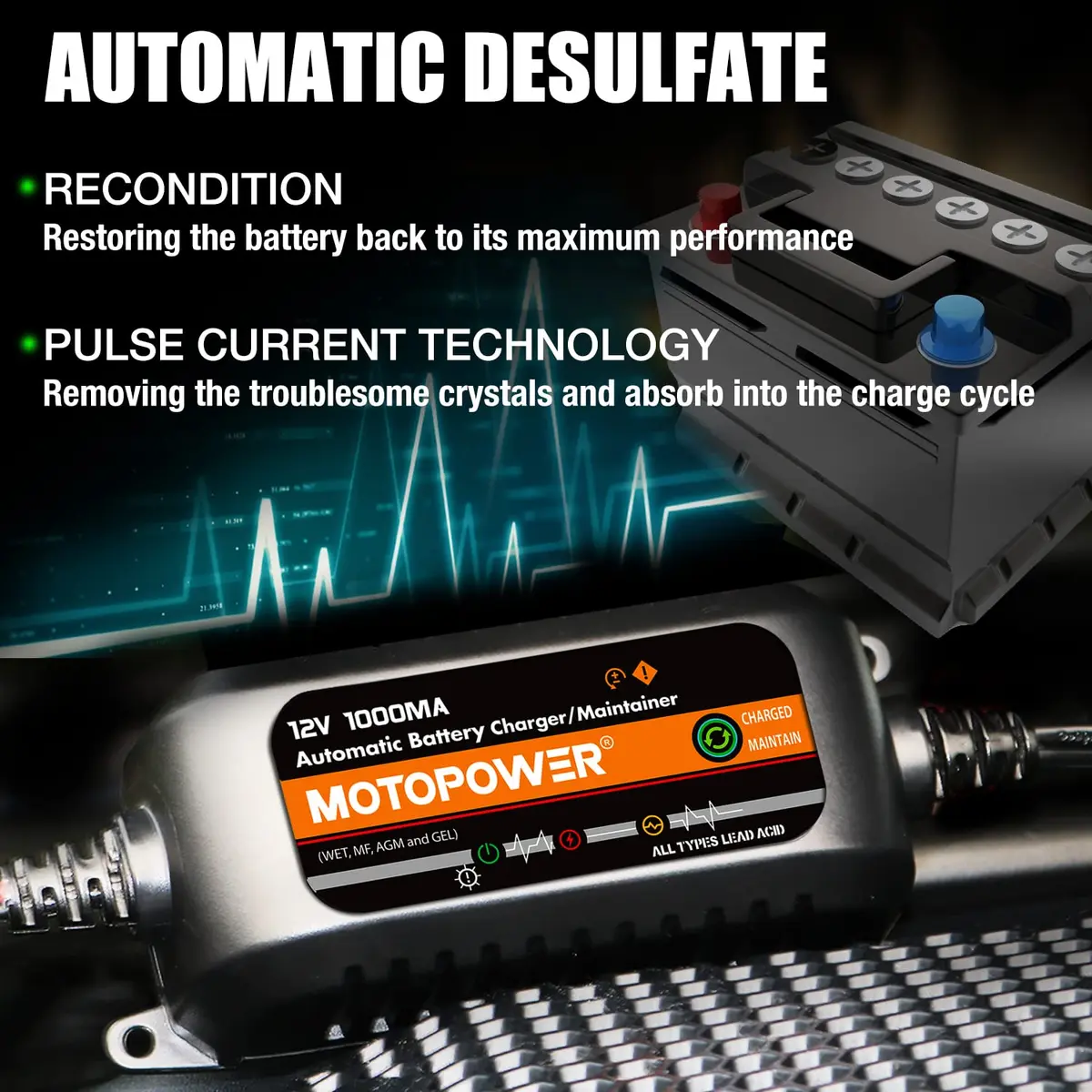 MOTOPOWER MP00205B 12V 1A Automatic Battery Charger & Maintainer | 12V 1A - view 3