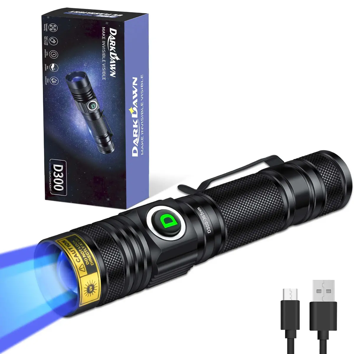 DARKDAWN UV 365nm Light Flashlight | USB Rechargeable Blacklight for Detection & Verification - main product image