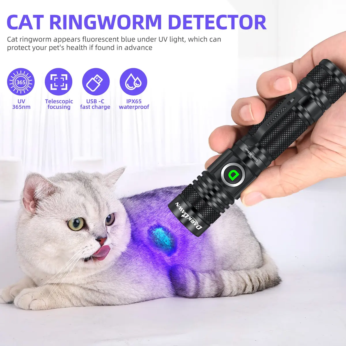 DARKDAWN UV 365nm Light Flashlight | USB Rechargeable Blacklight for Detection & Verification - view 2