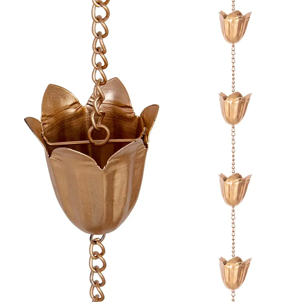 Qipade Tulip Rain Chain 2.53m (8.3 Ft) with 12 Cups | Copper Finish Gutter Downspout Alternative - main product image