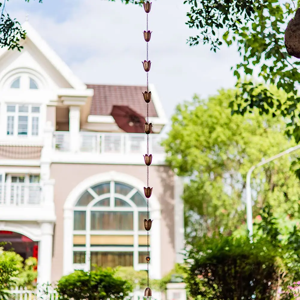 Qipade Tulip Rain Chain 2.53m (8.3 Ft) with 12 Cups | Copper Finish Gutter Downspout Alternative - view 5