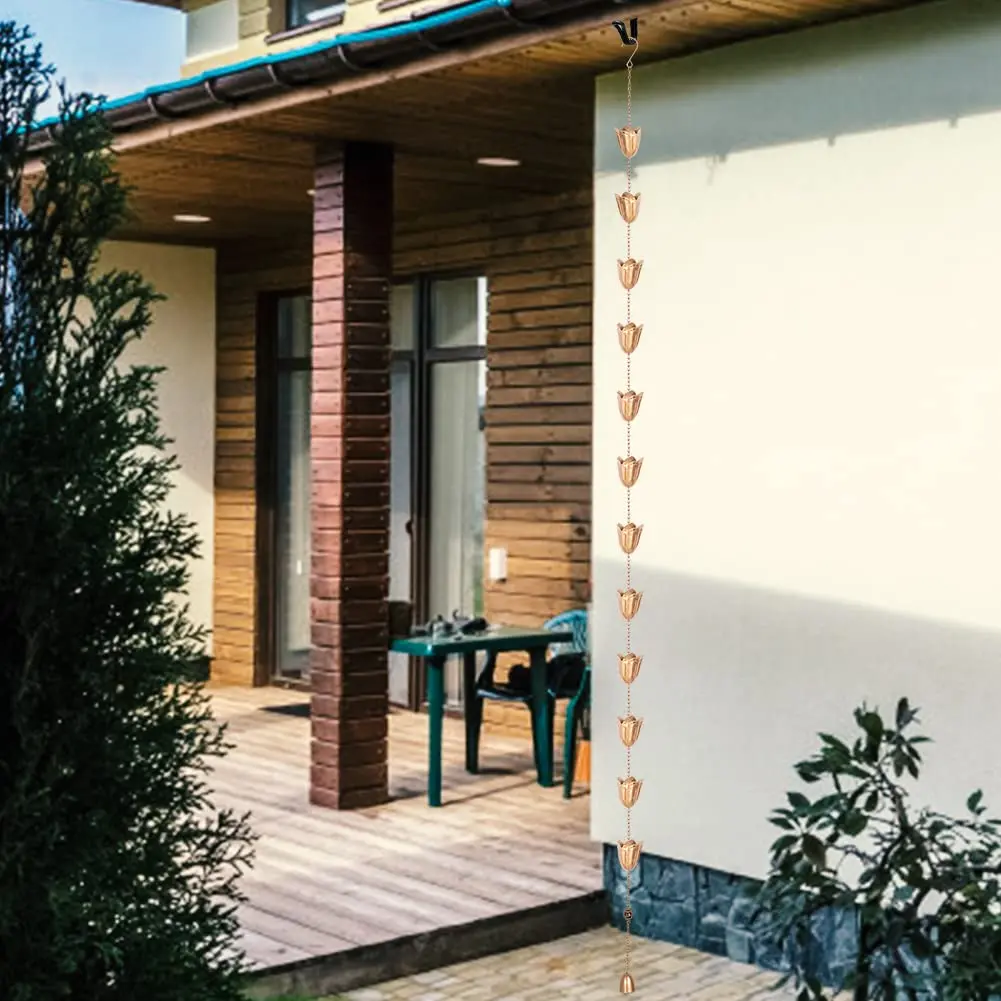Qipade Tulip Rain Chain 2.53m (8.3 Ft) with 12 Cups | Copper Finish Gutter Downspout Alternative - view 6