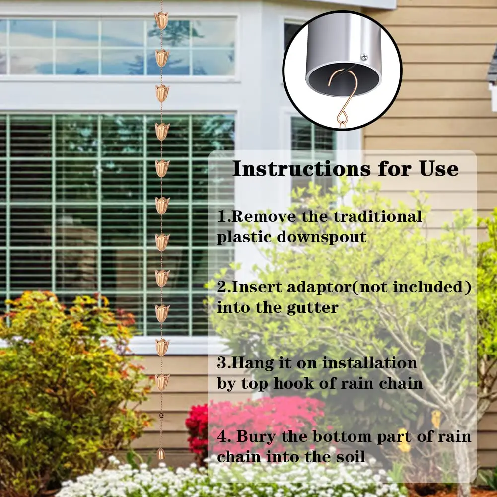 Qipade Tulip Rain Chain 2.53m (8.3 Ft) with 12 Cups | Copper Finish Gutter Downspout Alternative - view 7