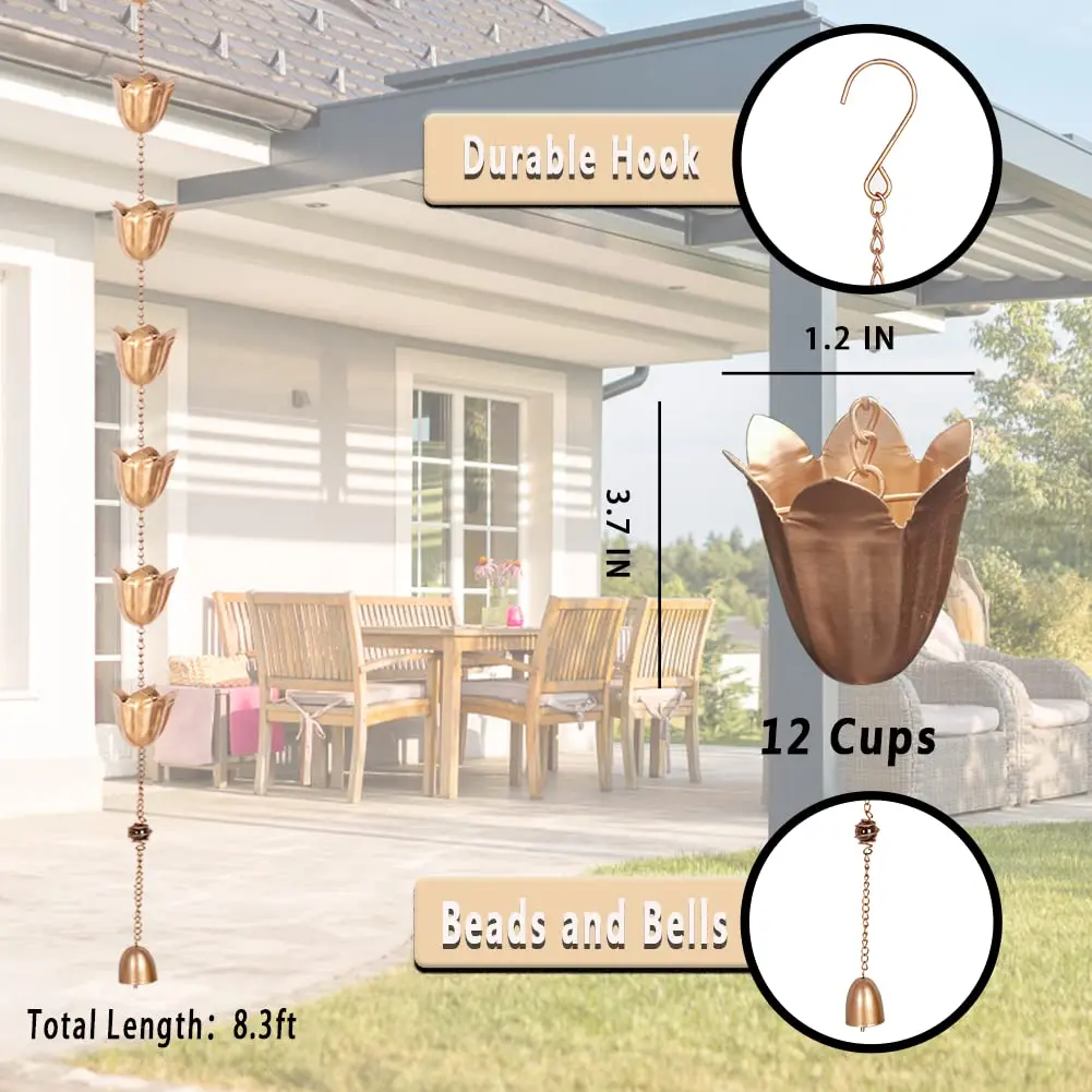 Qipade Tulip Rain Chain 2.53m (8.3 Ft) with 12 Cups | Copper Finish Gutter Downspout Alternative - view 3