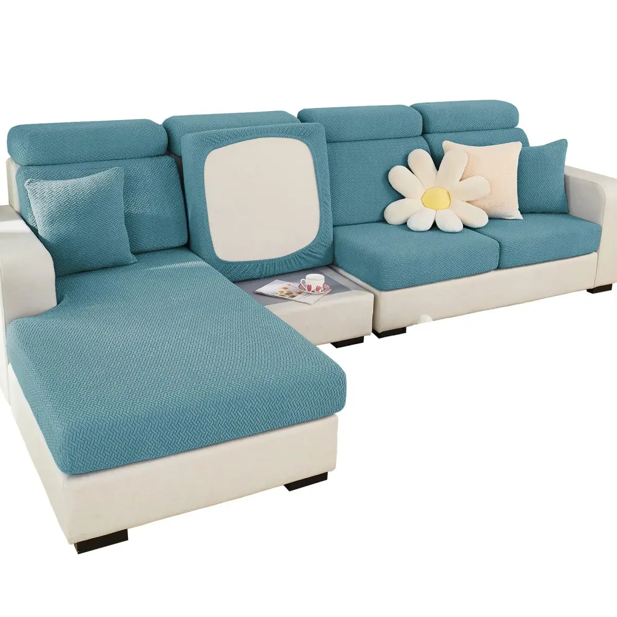 ShowyLive Stretch Sofa Cover for L-Shape Sectional Couch - Weave Sea Blue, Medium Back Cover | Protects Furniture from Pets & Stains - main product image