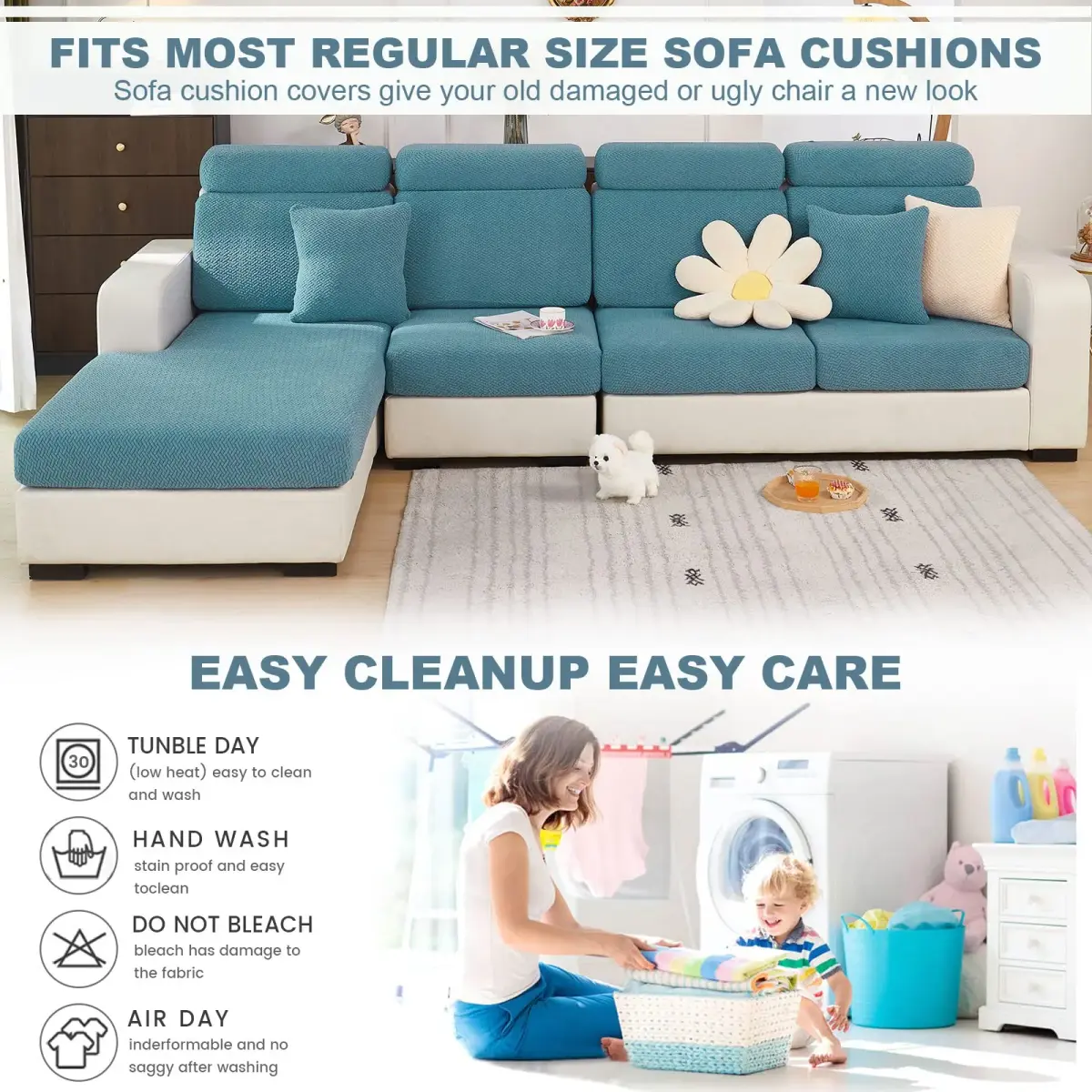 ShowyLive Stretch Sofa Cover for L-Shape Sectional Couch - Weave Sea Blue, Medium Back Cover | Protects Furniture from Pets & Stains - view 6