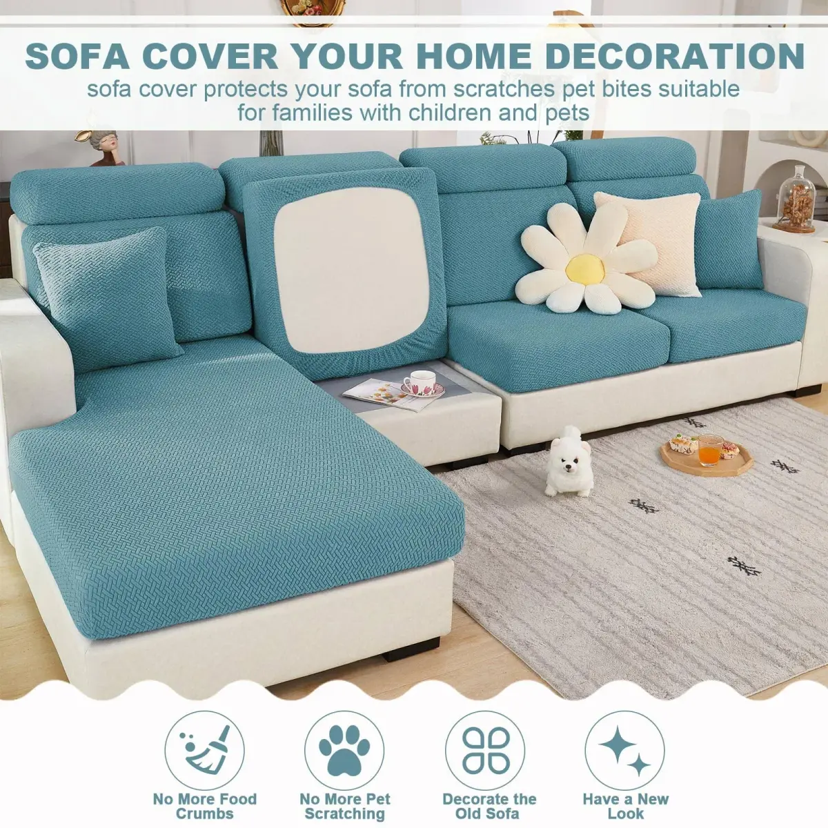 ShowyLive Stretch Sofa Cover for L-Shape Sectional Couch - Weave Sea Blue, Medium Back Cover | Protects Furniture from Pets & Stains - view 3