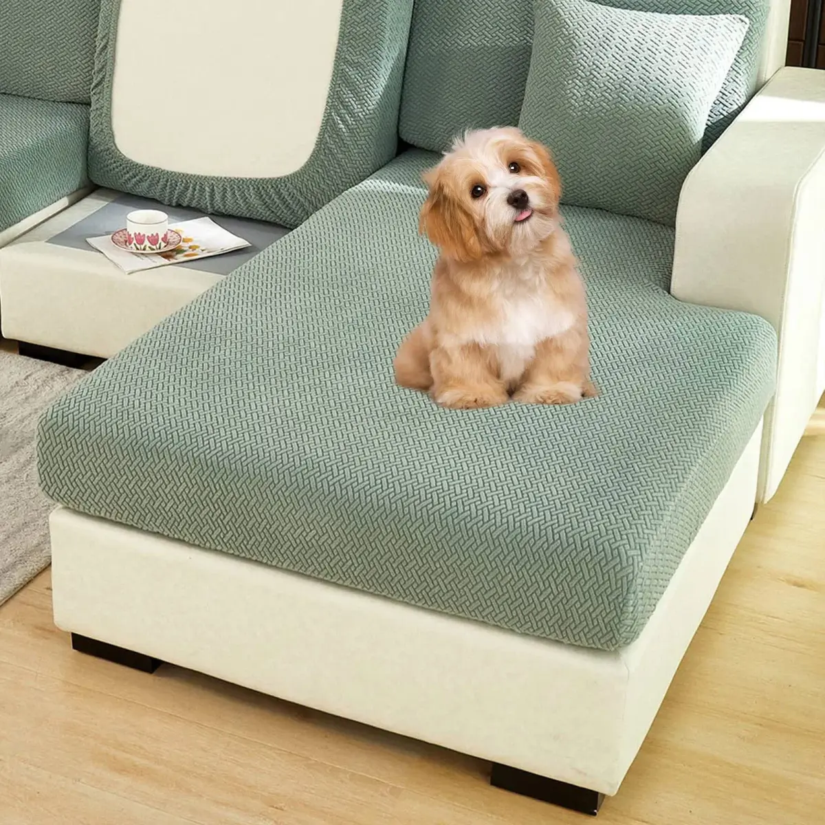 ShowyLive Stretch L-Shape Sofa Cover for Chaise Lounge - Weave Green | 155-185cm Length x 90-110cm Width - view 5