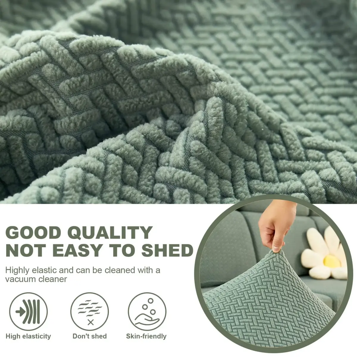 ShowyLive Stretch L-Shape Sofa Cover for Chaise Lounge - Weave Green | 155-185cm Length x 90-110cm Width - view 3