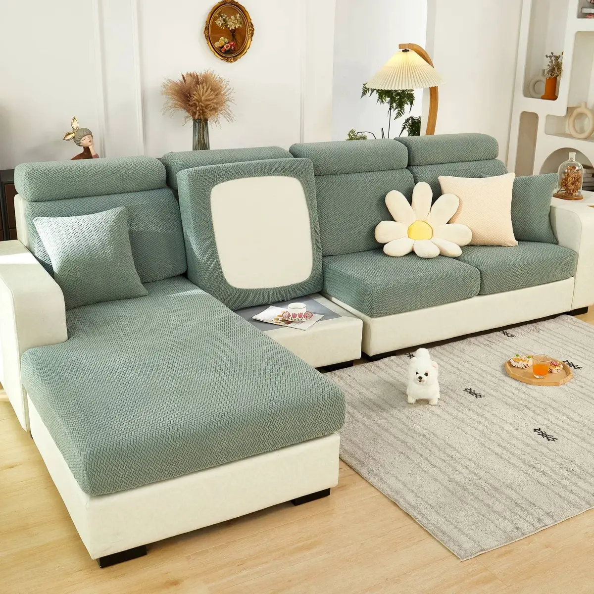 ShowyLive Weave Green Stretch Sofa Cover for L-Shape Sectional Couch, 155-185cm Length (M Back Cover) - main product image