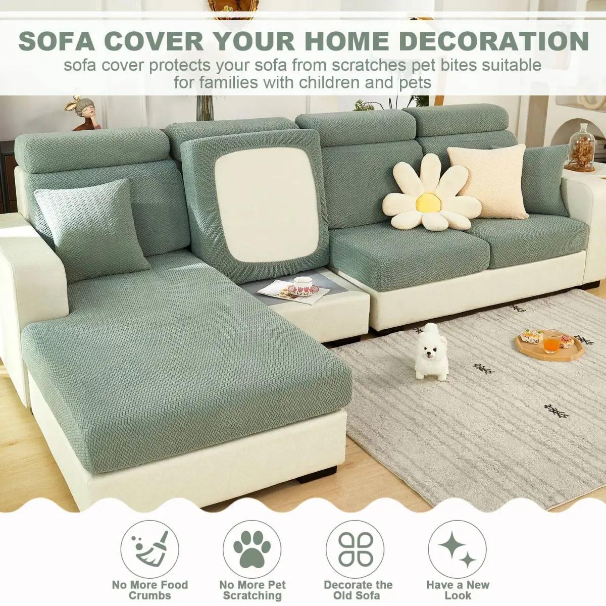 ShowyLive Weave Green Stretch Sofa Cover for L-Shape Sectional Couch, 155-185cm Length (M Back Cover) - view 2