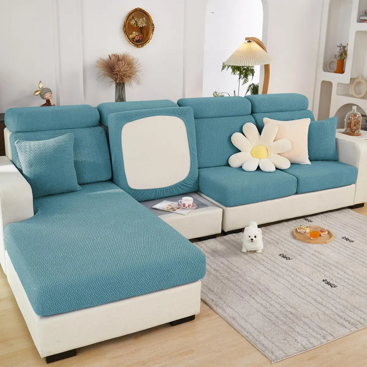 ShowyLive Weave Sea Blue Stretch Sofa Cover for L-Shaped Sectional Couches, Large Single Seat (21.65-35 inch Width) - main product image