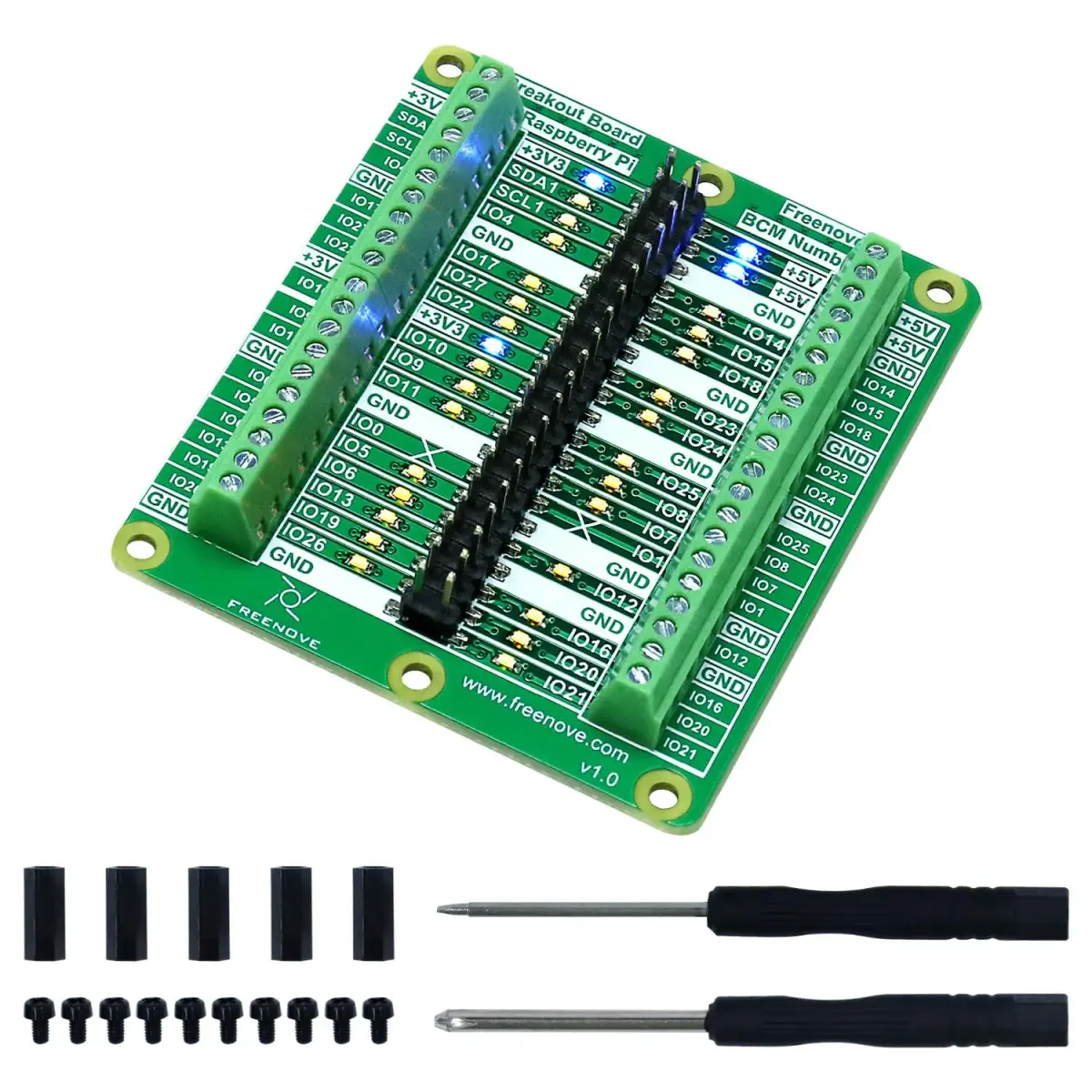 Freenove Breakout Board for Raspberry Pi 5 4B 3B+ Zero 2 W HAT | GPIO Status LEDs & Terminal Block - main product image
