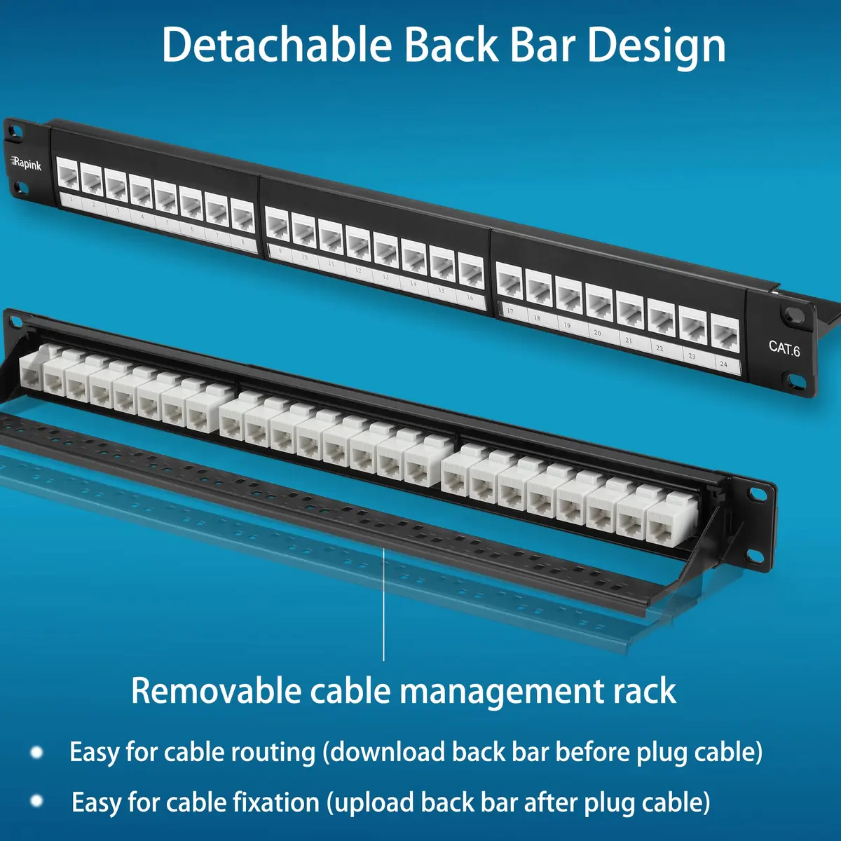 Rapink 24-Port Cat6 Patch Panel with 10Gbps Keystone Couplers | Toolless Termination for Cat6, Cat5e, Cat5 Cabling - view 5