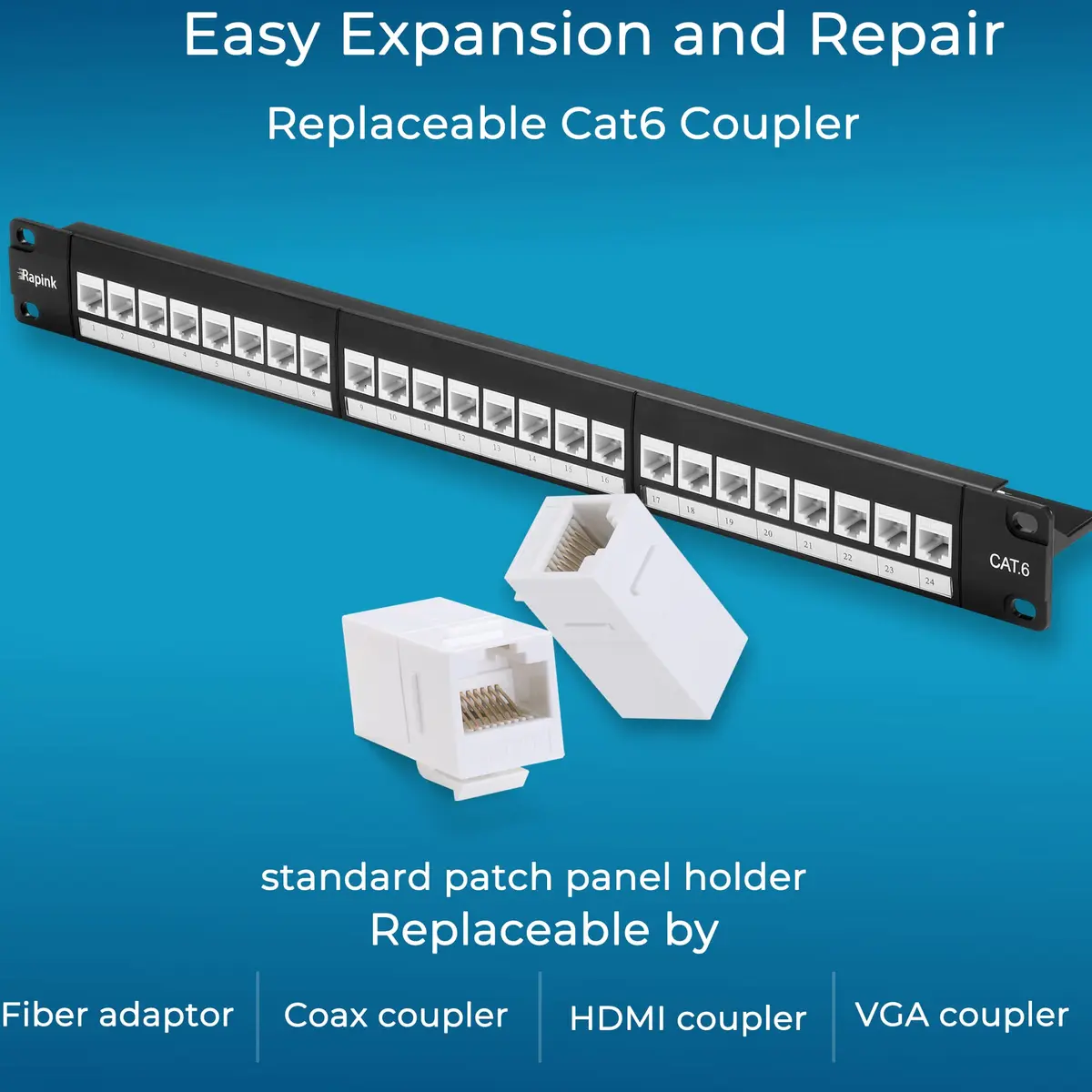 Rapink 24-Port Cat6 Patch Panel with 10Gbps Keystone Couplers | Toolless Termination for Cat6, Cat5e, Cat5 Cabling - view 3