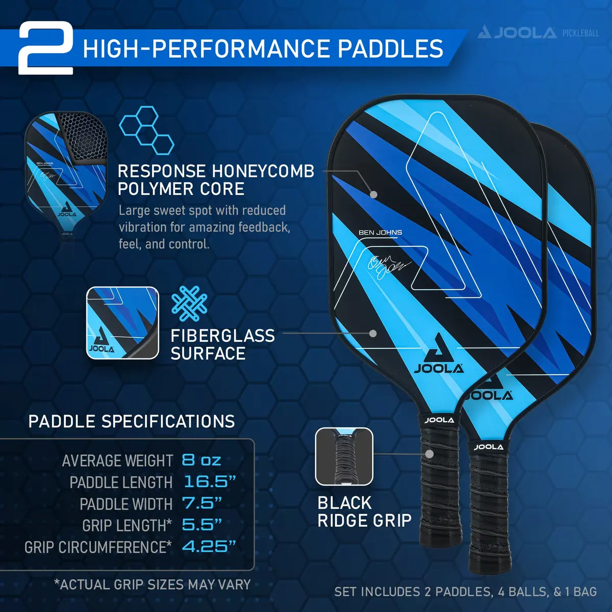 JOOLA Ben Johns Blue Lightning Pickleball Set with 2 Paddles, 4 Balls, and Bag | USAPA Approved Fiberglass & Honeycomb Core - view 4