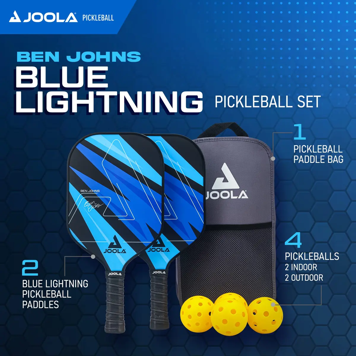 JOOLA Ben Johns Blue Lightning Pickleball Set with 2 Paddles, 4 Balls, and Bag | USAPA Approved Fiberglass & Honeycomb Core - view 2