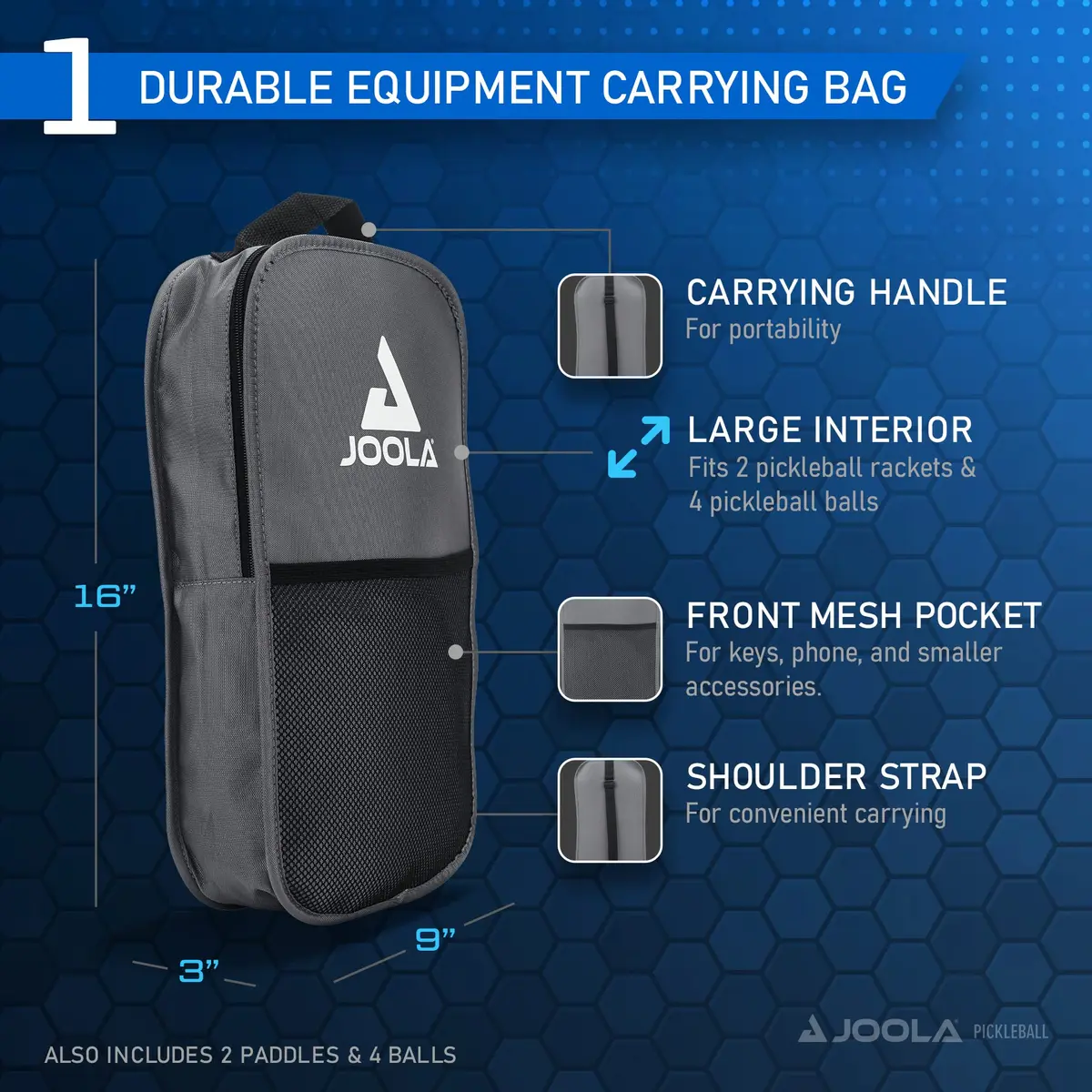 JOOLA Ben Johns Blue Lightning Pickleball Set with 2 Paddles, 4 Balls, and Bag | USAPA Approved Fiberglass & Honeycomb Core - view 3