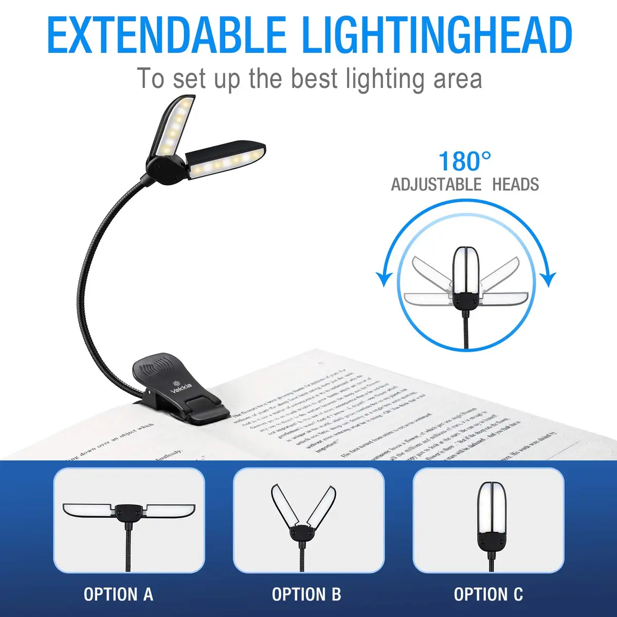 Vekkia 14 LED Book Light with Charger & Travel Case, 7 oz (198 g) | Portable Clip-on Reading Lamp - view 6