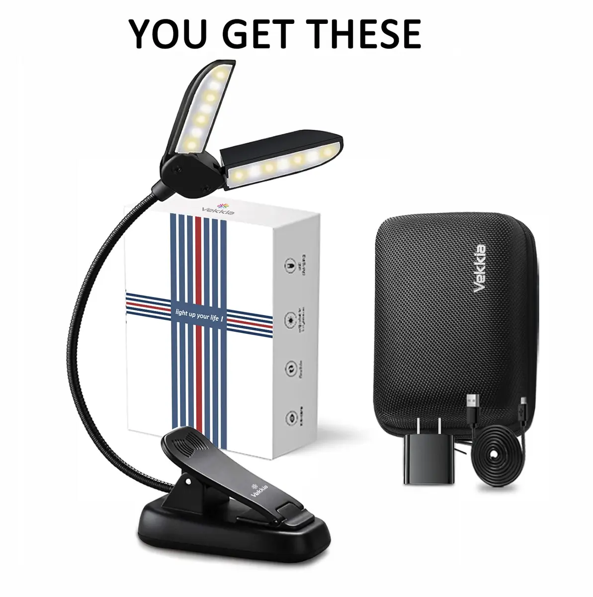 Vekkia 14 LED Book Light with Charger & Travel Case, 7 oz (198 g) | Portable Clip-on Reading Lamp - view 2