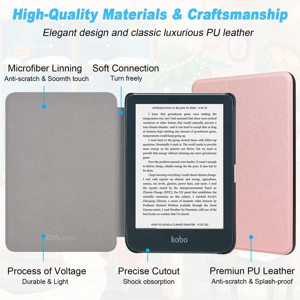 DMLuna Rose Gold Folio Case for Kobo Clara BW/Colour/2E 6" | Auto Sleep Wake PU Leather Cover - view 6