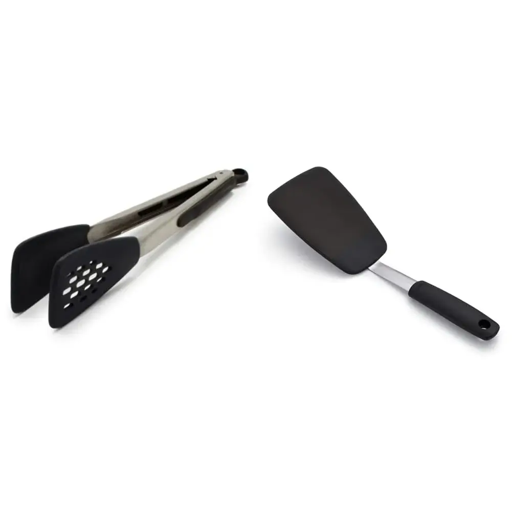 OXO Good Grips Large Silicone Flexible Turner & Tongs Set, Black | Heat-Resistant to 600°F, Non-Stick Safe - main product image