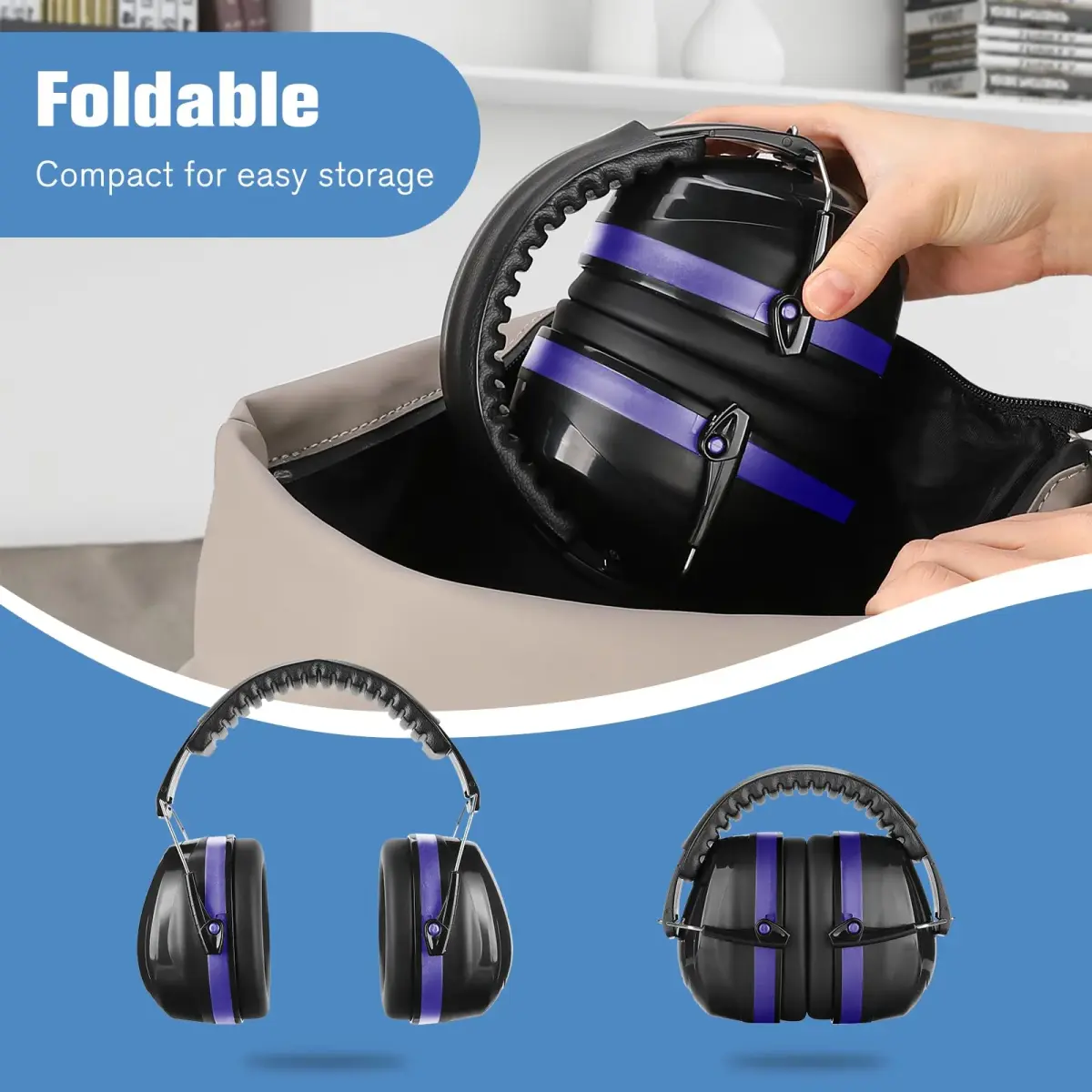 ProCase NRR 32dB Safety Earmuffs for Adults & Kids | Foldable Noise Reduction Earmuffs with Comfortable Fit for Shooting, Construction, Mowing and Sensory Support - Blue - view 6