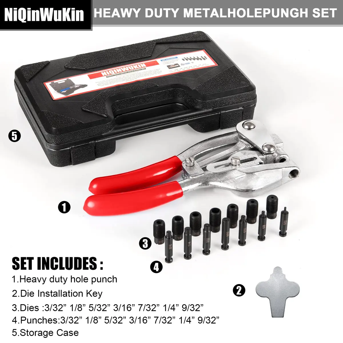 NiQinWuKin Heavy Duty Hole Punch Tool Set | Professional Metal Hand Punch 3/32in to 9/32in | Red - view 6