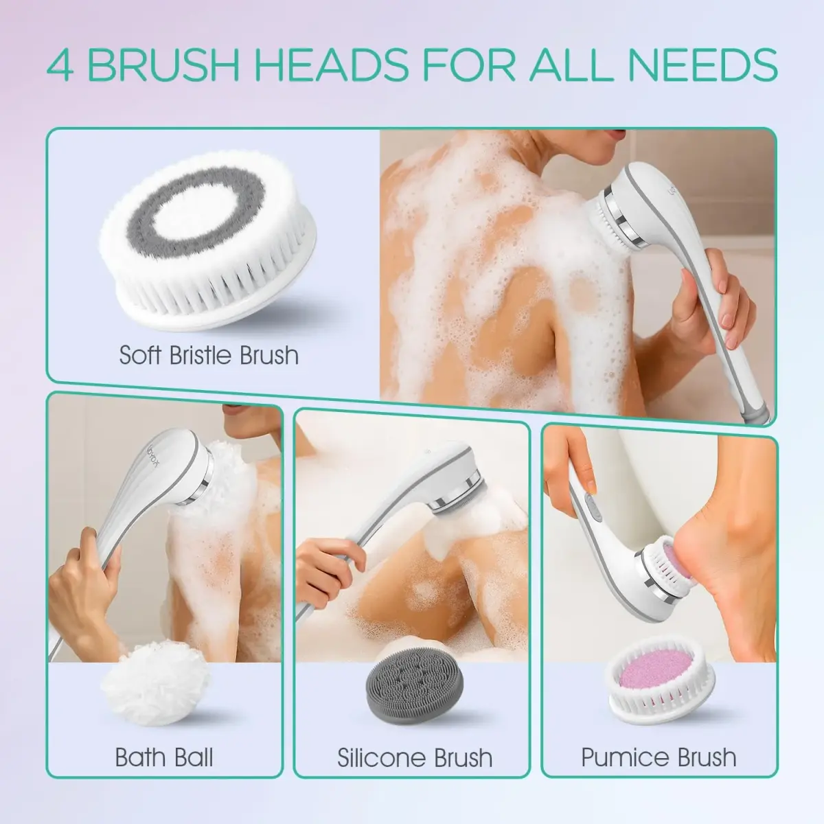 VOYOR BC100 Electric Body Brush with Long Handle | 4-in-1 Exfoliating Spin Brush for Shower - view 3