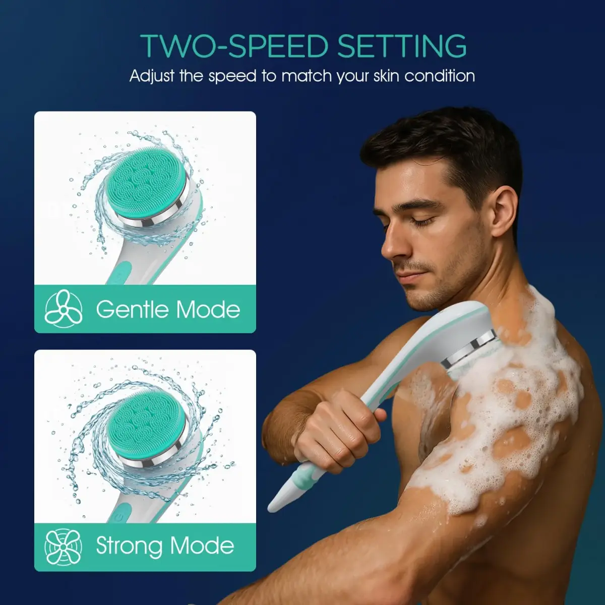 VOYOR Electric Silicone Body Scrubber BC100 Blue | Long Handle Back Scrubber for Shower with 4 Brush Heads - view 5
