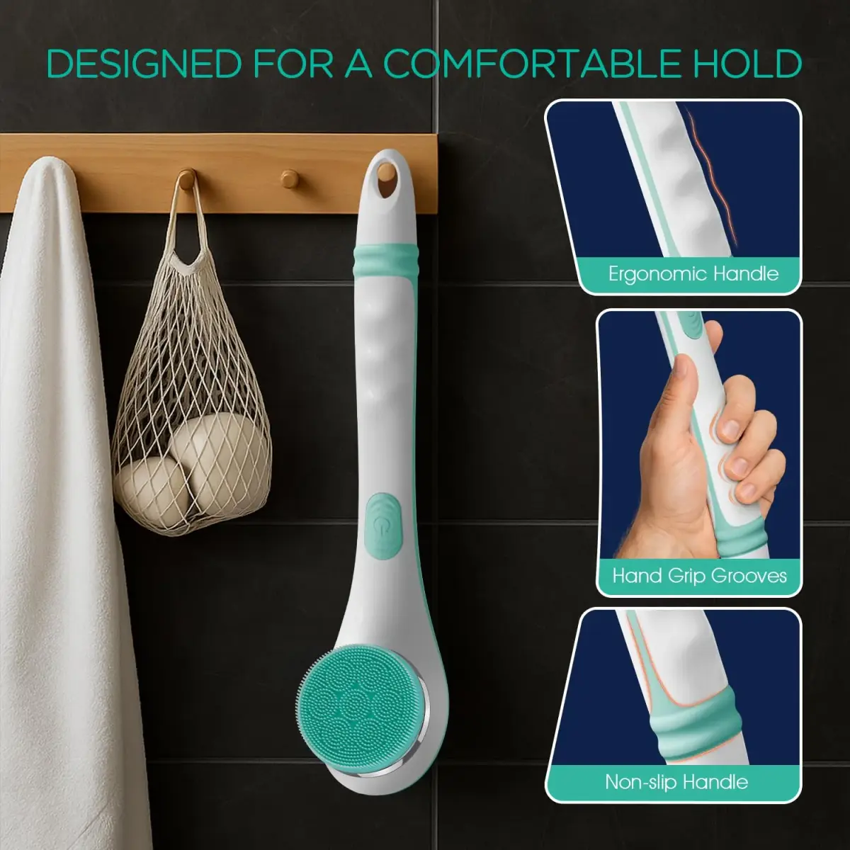 VOYOR Electric Silicone Body Scrubber BC100 Blue | Long Handle Back Scrubber for Shower with 4 Brush Heads - view 4