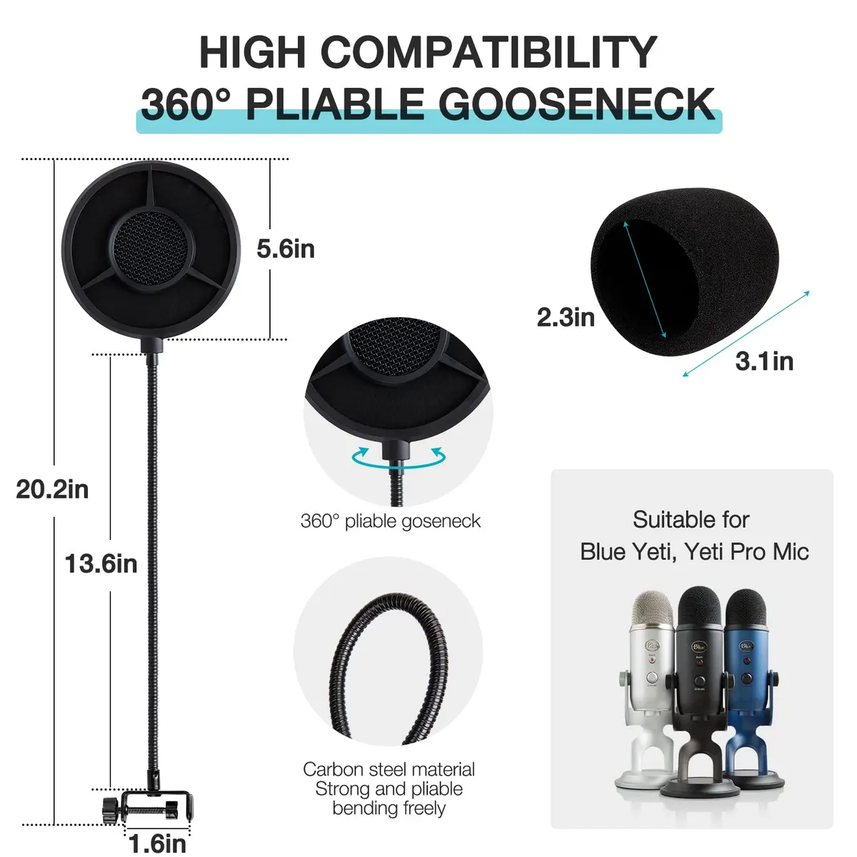 YOUSHARES Blue Yeti Pop Filter Foam Windscreen with Gooseneck & Clamp, 14cm (5.5 Inch) Diameter, 6-Layer Metal Mesh | Professional Mic Accessory for Recording & Streaming - view 5