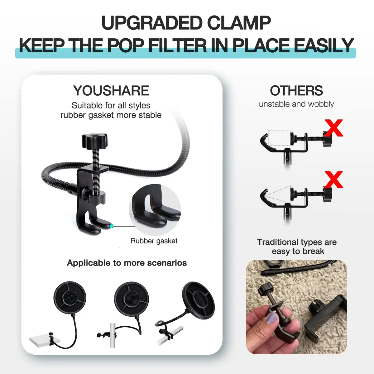 YOUSHARES Blue Yeti Pop Filter Foam Windscreen with Gooseneck & Clamp, 14cm (5.5 Inch) Diameter, 6-Layer Metal Mesh | Professional Mic Accessory for Recording & Streaming - view 4