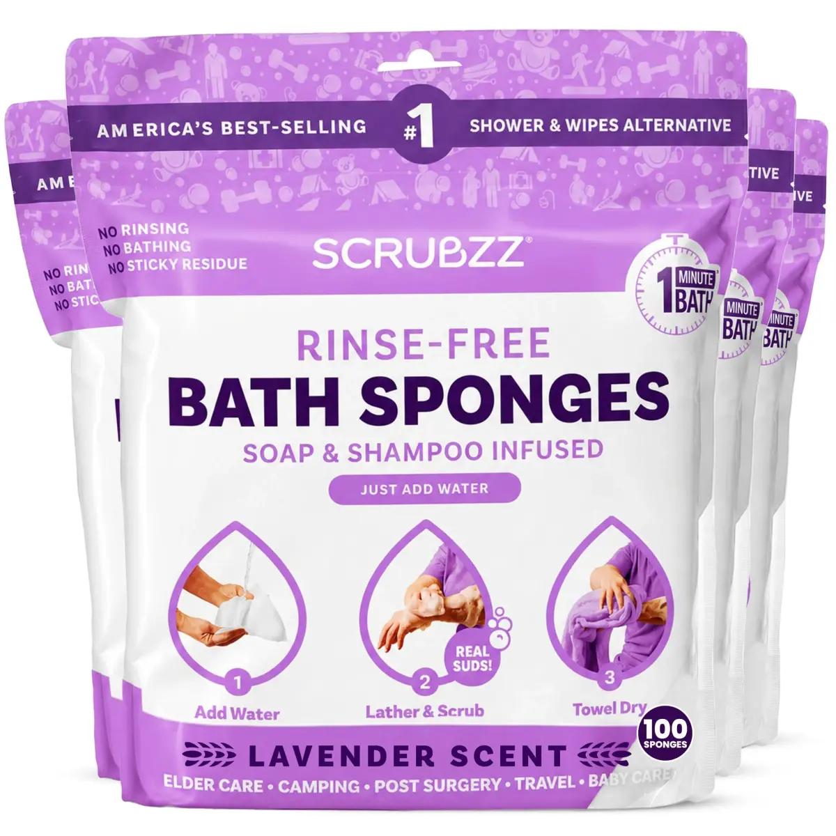 Scrubzz Disposable No Rinse Bathing Wipes - Lavender Scented, 100 Count (4-Pack) | Hypoallergenic & Paraben-Free - main product image