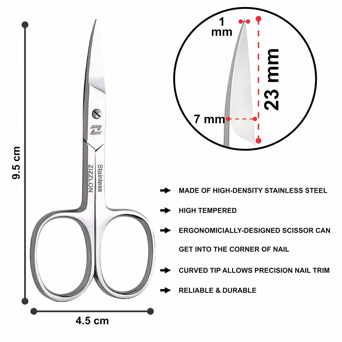 ZIZZLON Curved Micro Serrated Nail Scissors 22mm Blade | Professional Surgical Grade Stainless Steel - view 5