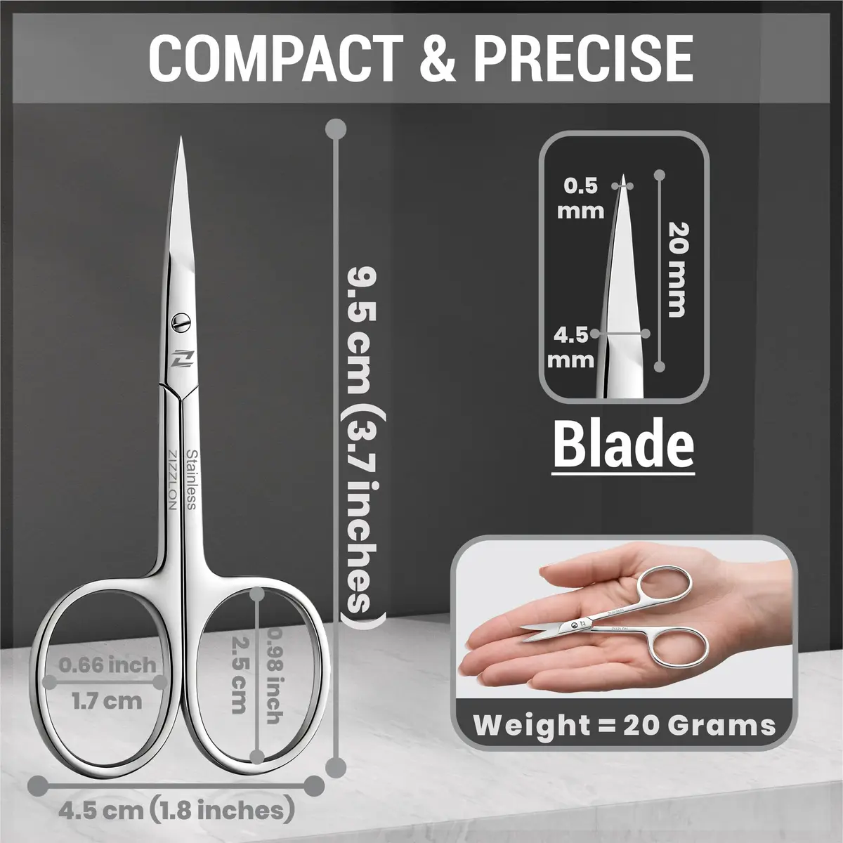 ZIZZLON Cuticle Scissors Extra Fine Curved Stainless Steel Eyebrow Scissors 20mm (0.79 inch) | Precision Grooming Tool for Manicure - view 4