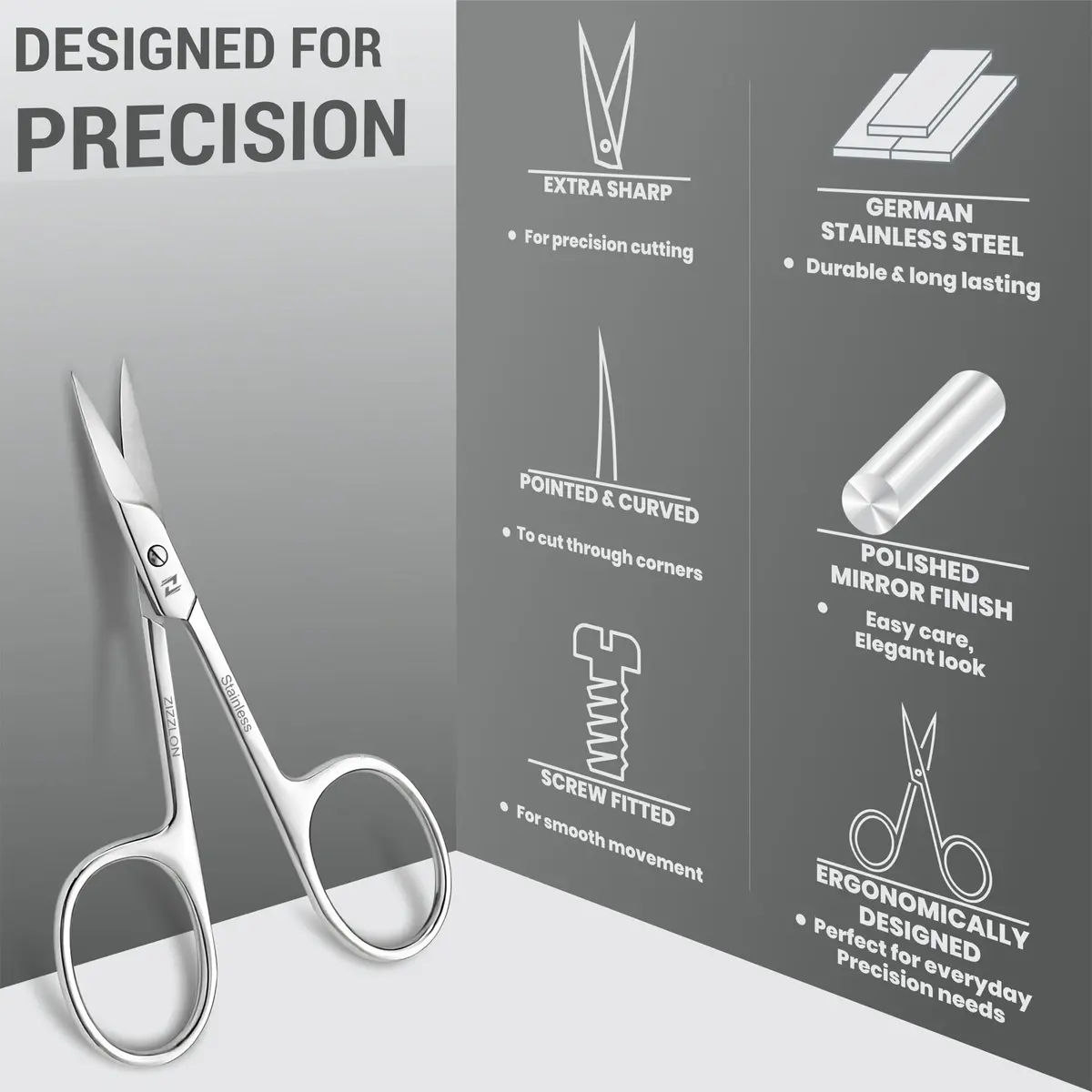ZIZZLON Cuticle Scissors Extra Fine Curved Stainless Steel Eyebrow Scissors 20mm (0.79 inch) | Precision Grooming Tool for Manicure - view 7