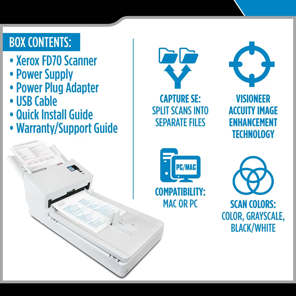 Visioneer Xerox FD70 Scanner, USB Duplex Flatbed Office Document Scanner for PC and Mac, 70 PPM, 120 Page ADF | High-Speed Duplex Document Scanner - view 4