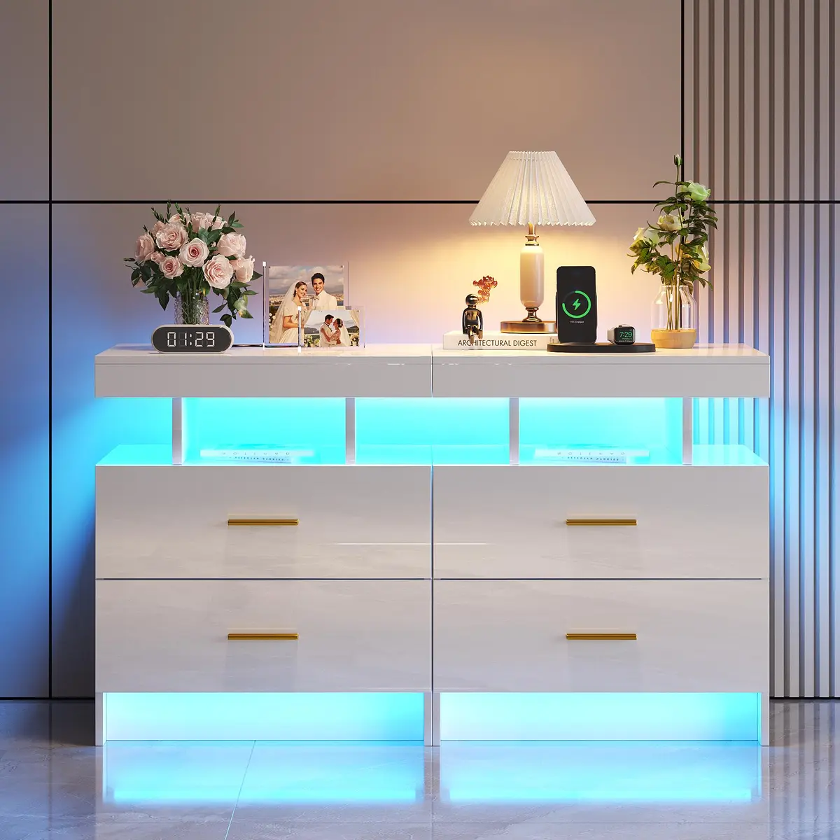 HNEBC LED Nightstand Set of 2 with Charging Station | Auto Sensor 3-Color Light, Wireless & USB Charging, 2 Drawers, Black - main product image