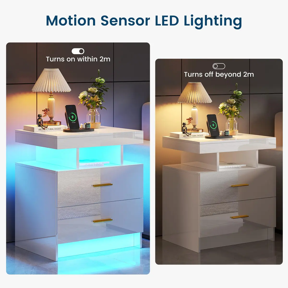 HNEBC LED Nightstand Set of 2 with Charging Station | Auto Sensor 3-Color Light, Wireless & USB Charging, 2 Drawers, Black - view 5