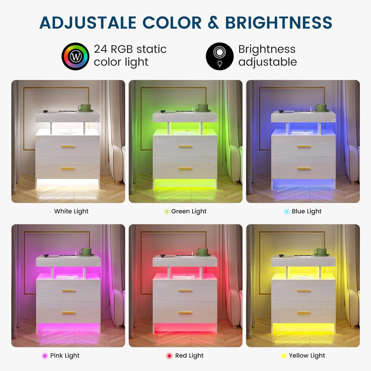 HNEBC LED Nightstand Set of 2 with Charging Station | Auto Sensor 3-Color Light, Wireless & USB Charging, 2 Drawers, Black - view 6